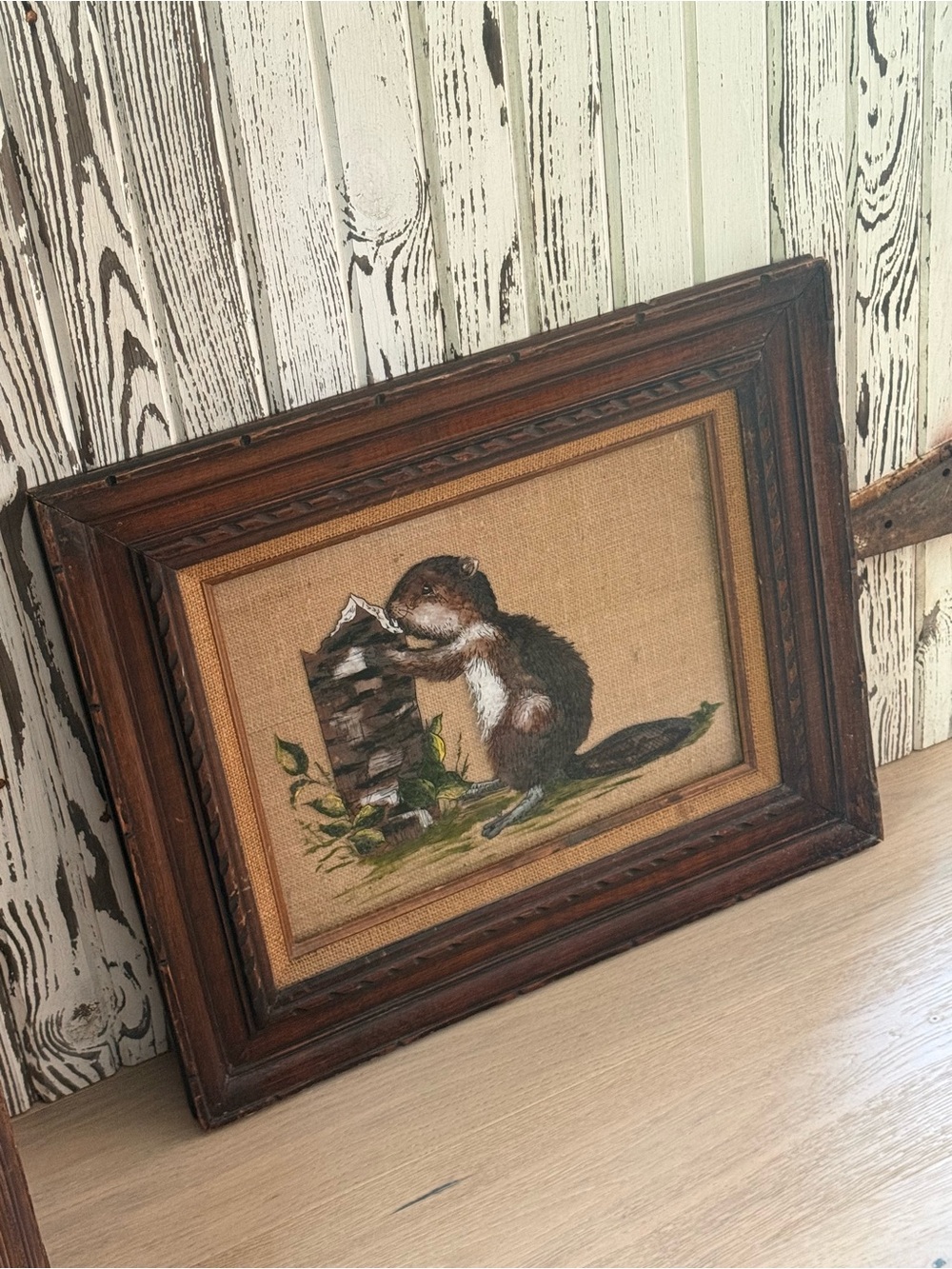 Vintage Framed Animal Reversed Glass Painting - Brown Squirrel Portrait Signed